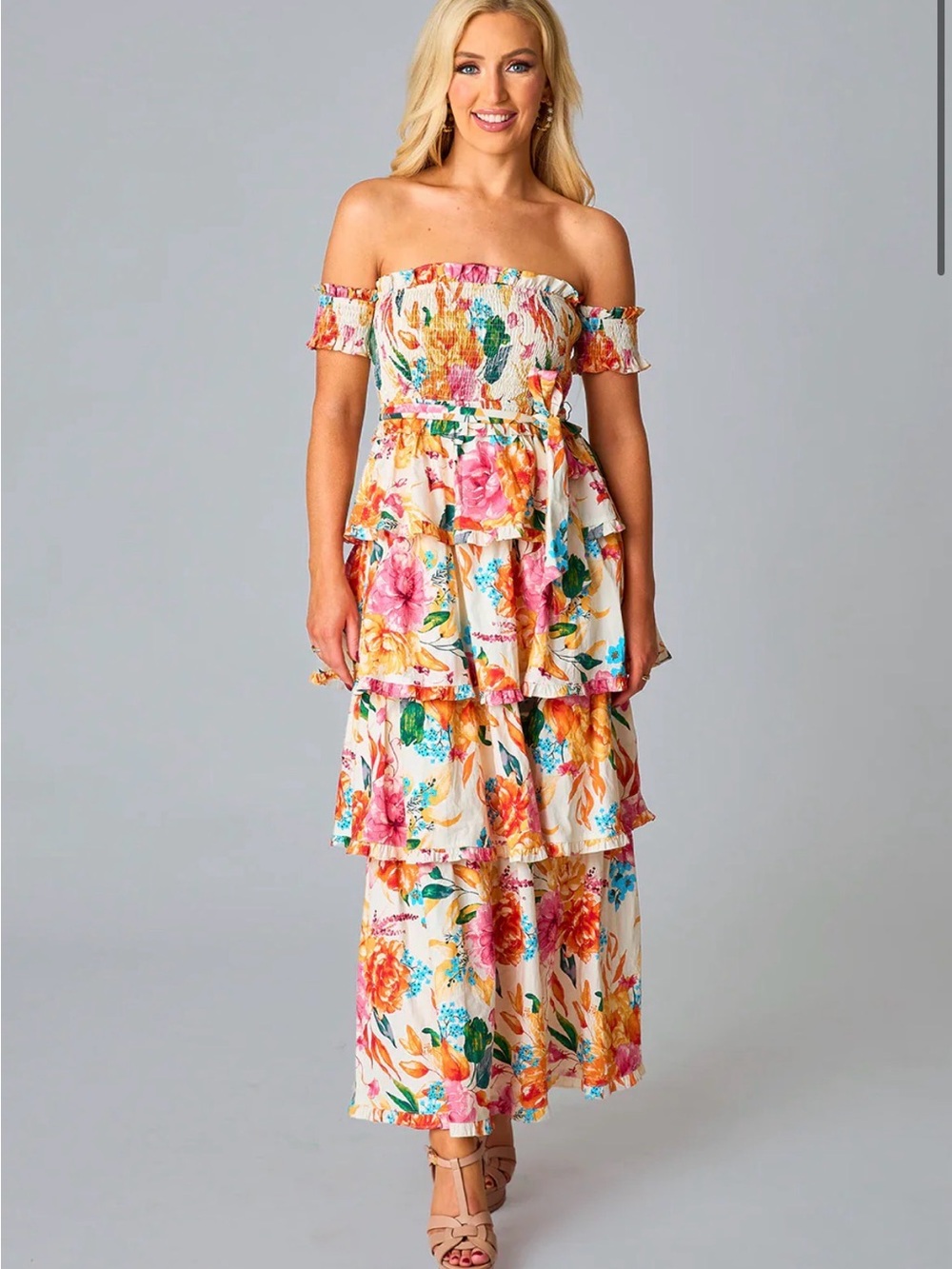 Floral Off-Shoulder Tiered Maxi Dress in Multi